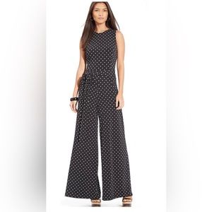 Wide leg black polka dot jumpsuit with pockets